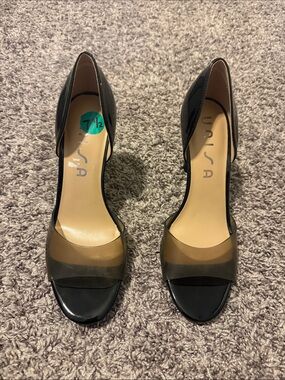 Unisa Black Patent D'Orsay Heels with Smoky Transparent Band